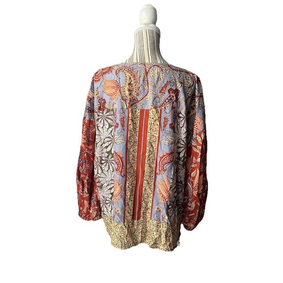 Anthropologie Mixed Print Blouse Long Sleeve Tassels Dropped Yoke LARGE Stunning - Picture 2 of 6